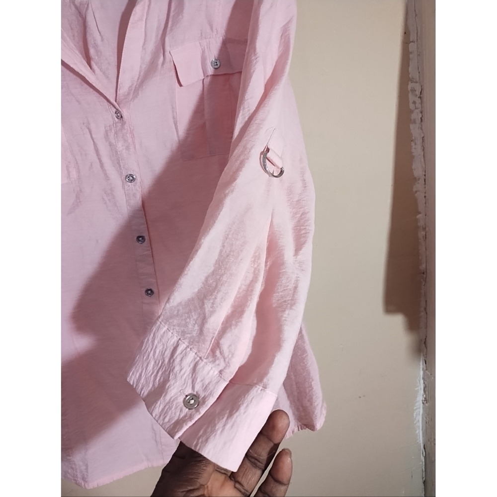 Roz & Ali Women XL Pink Button Down Shirt Roll Tab Sleeve Casual Textured Top - Picture 8 of 10
